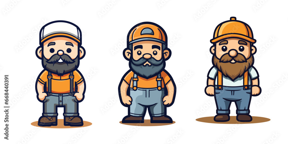 Set of three cartoon worker characters in different poses. Vector illustration. Set of three cartoon worker characters in different poses. Vector illustration.