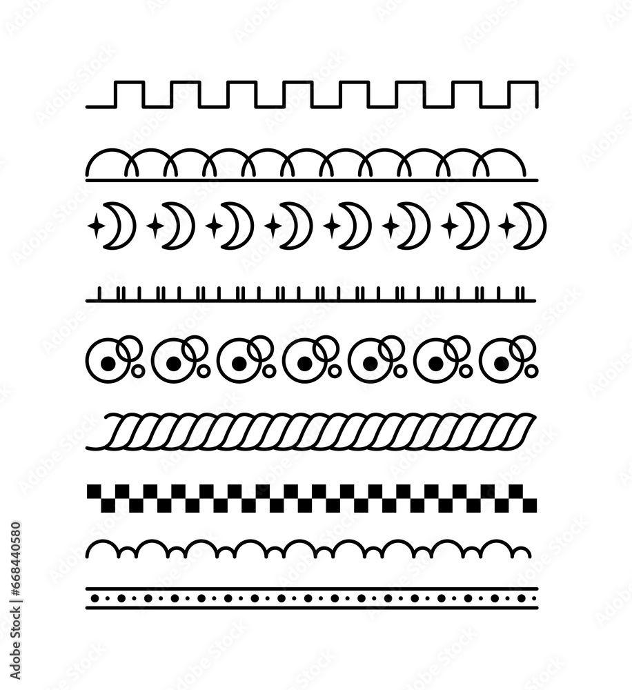 Set borders for decoration. Abstract lines and curves ornament. Dividers and vignettes for books. Template and layout. Linear flat vector collection isolated on white background