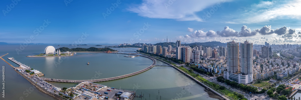 Aerial photography of modern architectural landscape at night in Zhuhai, China Aerial photography of modern architectural landscape at night in Zhuhai, China