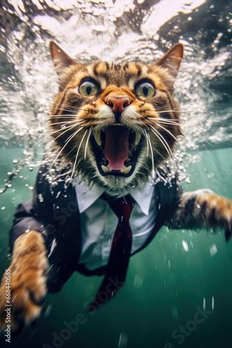 Underwater Cat in Suit: A Feline Business Splash