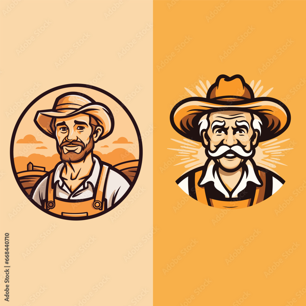 Cartoon farmer with hat and beard. Vector illustration in retro style Cartoon farmer with hat and beard. Vector illustration in retro style