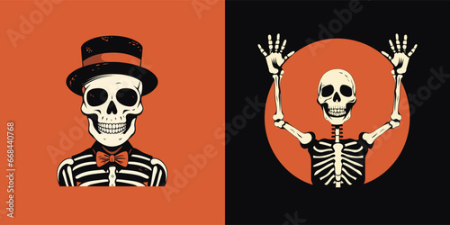 Skull in top hat and bowler hat. Vector illustration.