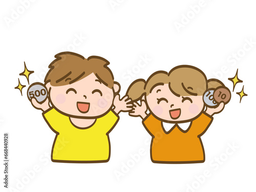 お小遣いをもらって大喜びの男の子と女の子_小学生低学年_幼児