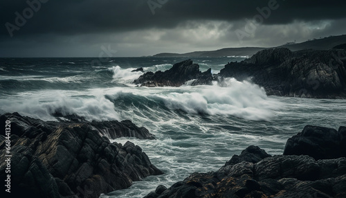 Breaking waves crash against rocky coastline at dusk, dramatic beauty generated by AI