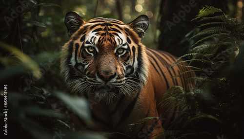 Bengal tiger staring  close up portrait of majestic big cat generated by AI