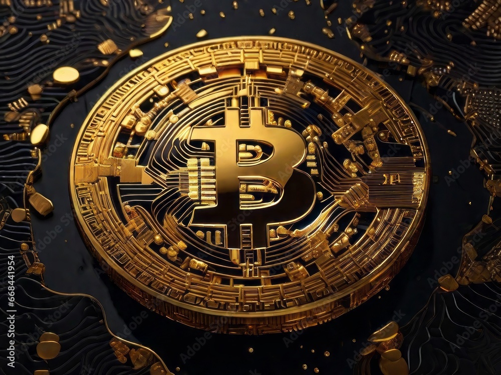 Naklejka premium Shiny Gold Bitcoin - Digital Currency Concept