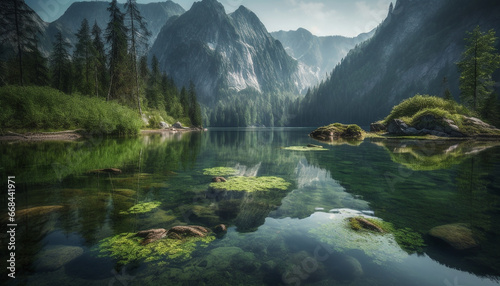 Idyllic mountain meadow reflects majestic mountain range in tranquil scene generated by AI