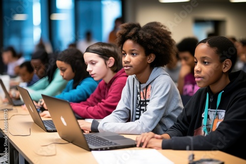 Youth coding bootcamp with diverse participants learning to program.