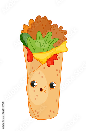 Fast food element sticker. Shawarma character. Menu for cafe and catering. Vegetables and meat in pita bread. Graphic element for website. Cartoon flat vector illustration isolated on white background