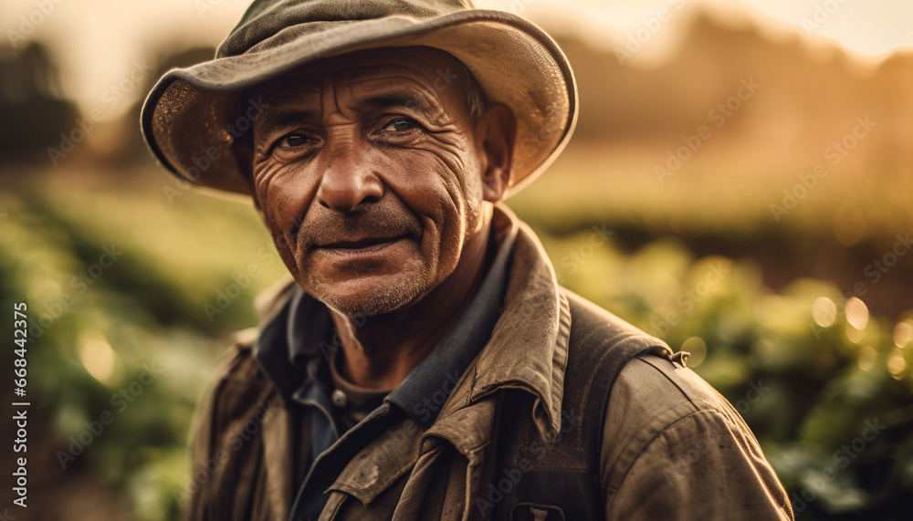 Smiling senior farmer in straw hat standing in autumn sunlight generated by AI
