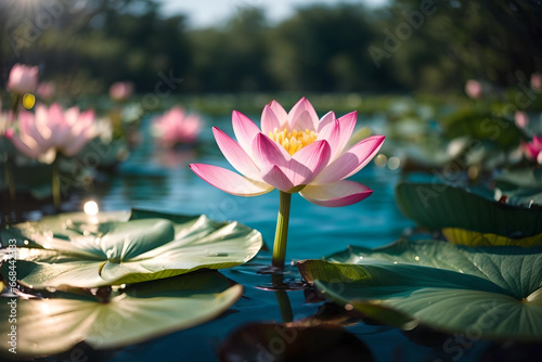 Serene Lotus Pond with Captivating Bokeh Light