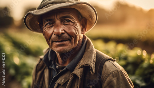 Smiling senior farmer in straw hat standing in autumn sunlight generated by AI © Stockgiu