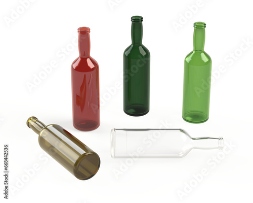 3D renderings of various colored empty glass bottles.