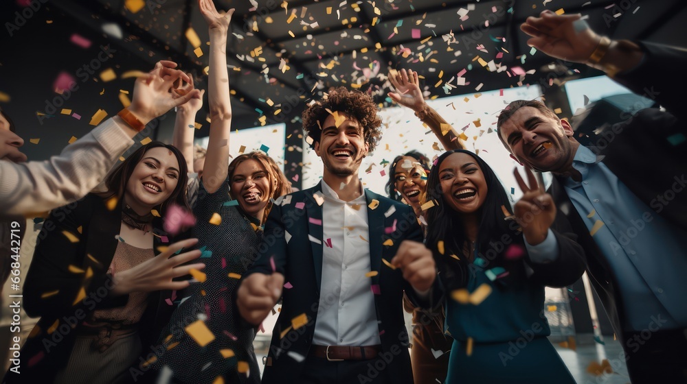 A happy diverse team of startup business people celebrate their business success amidst confetti. - obrazy, fototapety, plakaty 