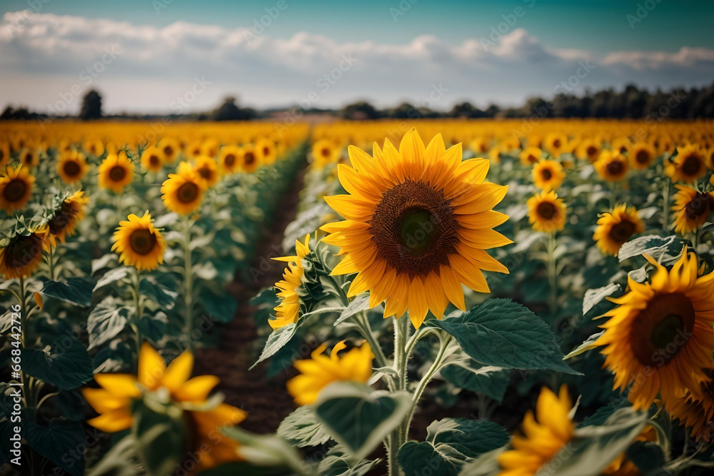 Sunflower Splendor in a Field with Dreamy Bokeh Light