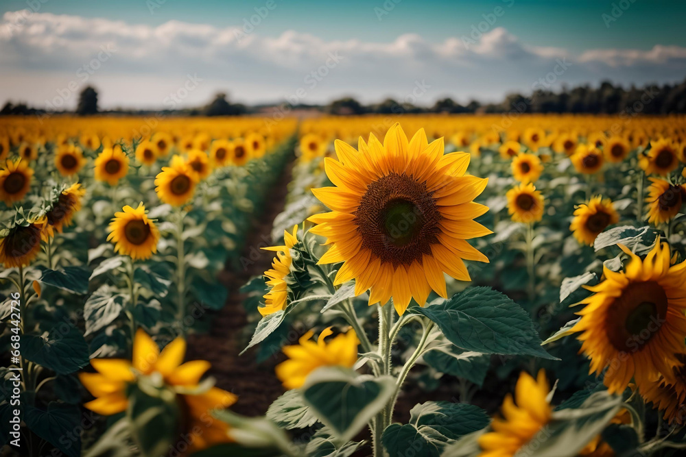 Obraz premium Sunflower Splendor in a Field with Dreamy Bokeh Light