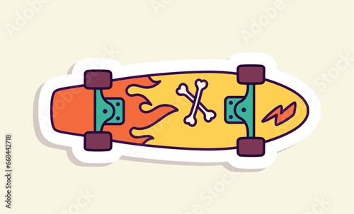 Young culture trendy sticker. Colorful skatebord back view. Active lifestyle and sport. Sticker for social networks. Cartoon flat vector illustration isolated on beige background