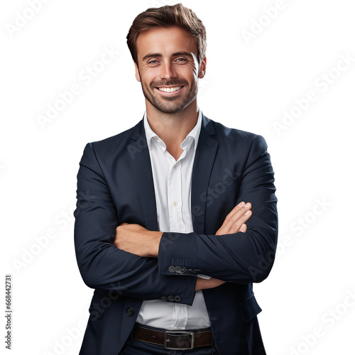 handsome man happy face smiling with crossed arms looking at the camera. Positive Successful businessman, isolated on white transparent background, ai generate
