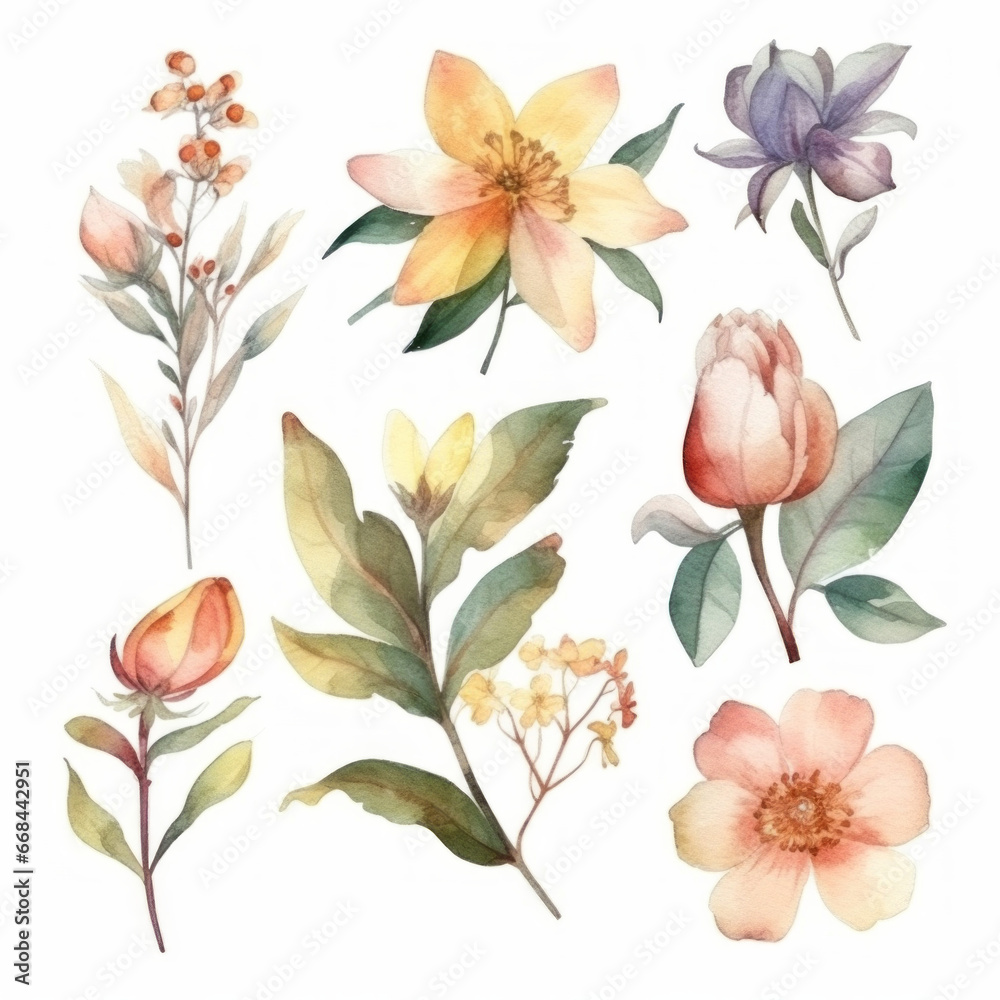 Vibrant Watercolor Illustration of Flower and Leaves Set - Botanical Art