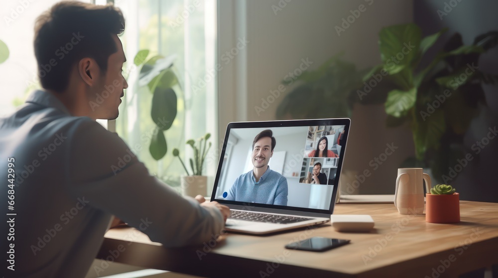 Asian( Thai) startup employee working from home in an online video meeting with team at the table. Small business owner chats with team over the internet on personal computer with webcam. Asian( Thai) startup employee working from home in an online video meeting with team at the table. Small business owner chats with team over the internet on personal computer with webcam.