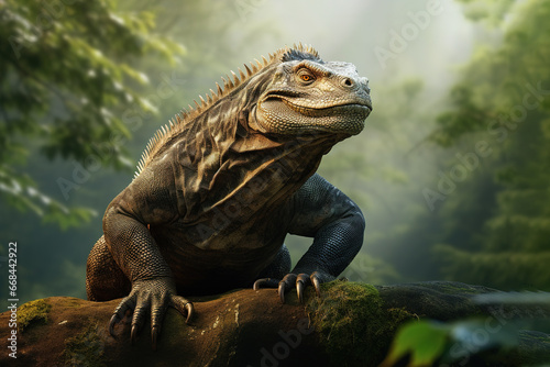Image of a komodo dragon in the forest, Reptile, Animals., Generative AI, Illustration. © yod67