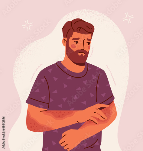 Man with skin problem. Young girl scretching her hand. Character with acne and allergy. Healthcare and medicine, skincare. Bearded person with problems with derma. Cartoon flat vector illustration