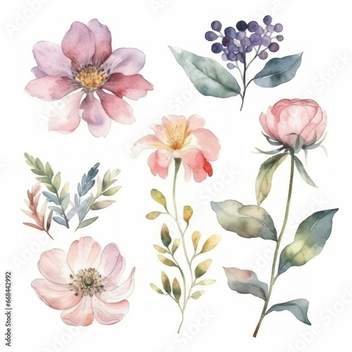 Vibrant Watercolor Illustration of Flower and Leaves Set - Botanical Art