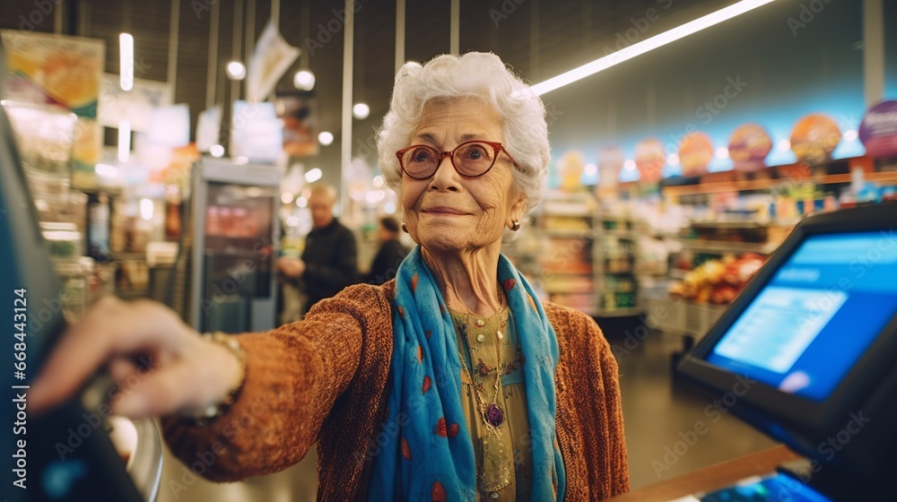 Senior woman using credit card in a store; elderly person costumer smiling and paying with card in a shop; mature grandmother shopping in a mall