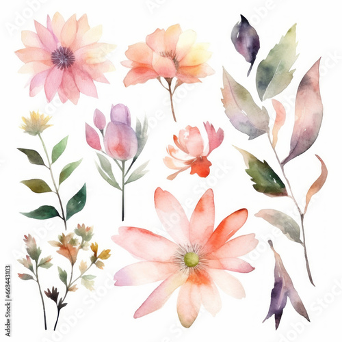 Watercolor Illustration of Flowers and Leaves Set - Botanical Art