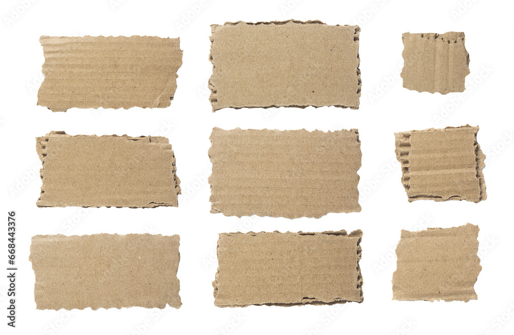 Ripped piece of cardboard Brown isolated on white background. Cardboard with torn edges, top view.	
