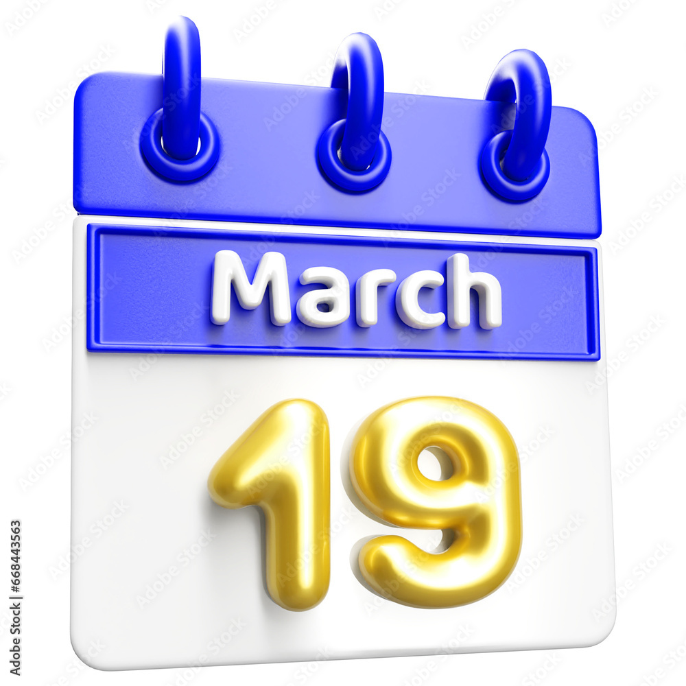 March 19th Calendar 3D Render Blue March 19th Calendar 3D Render Blue