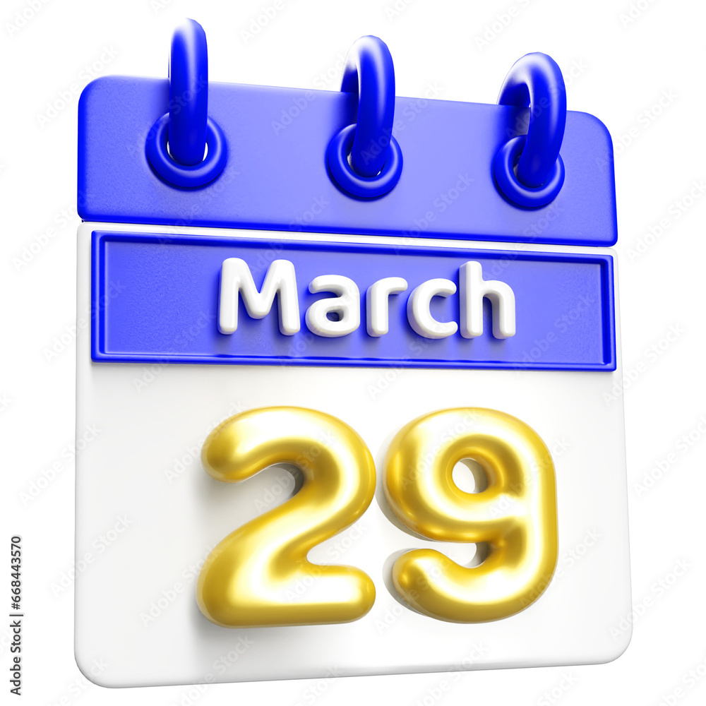 March 29th Calendar 3D Render Blue March 29th Calendar 3D Render Blue