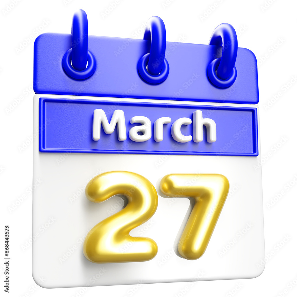 March 27th Calendar 3D Render Blue March 27th Calendar 3D Render Blue