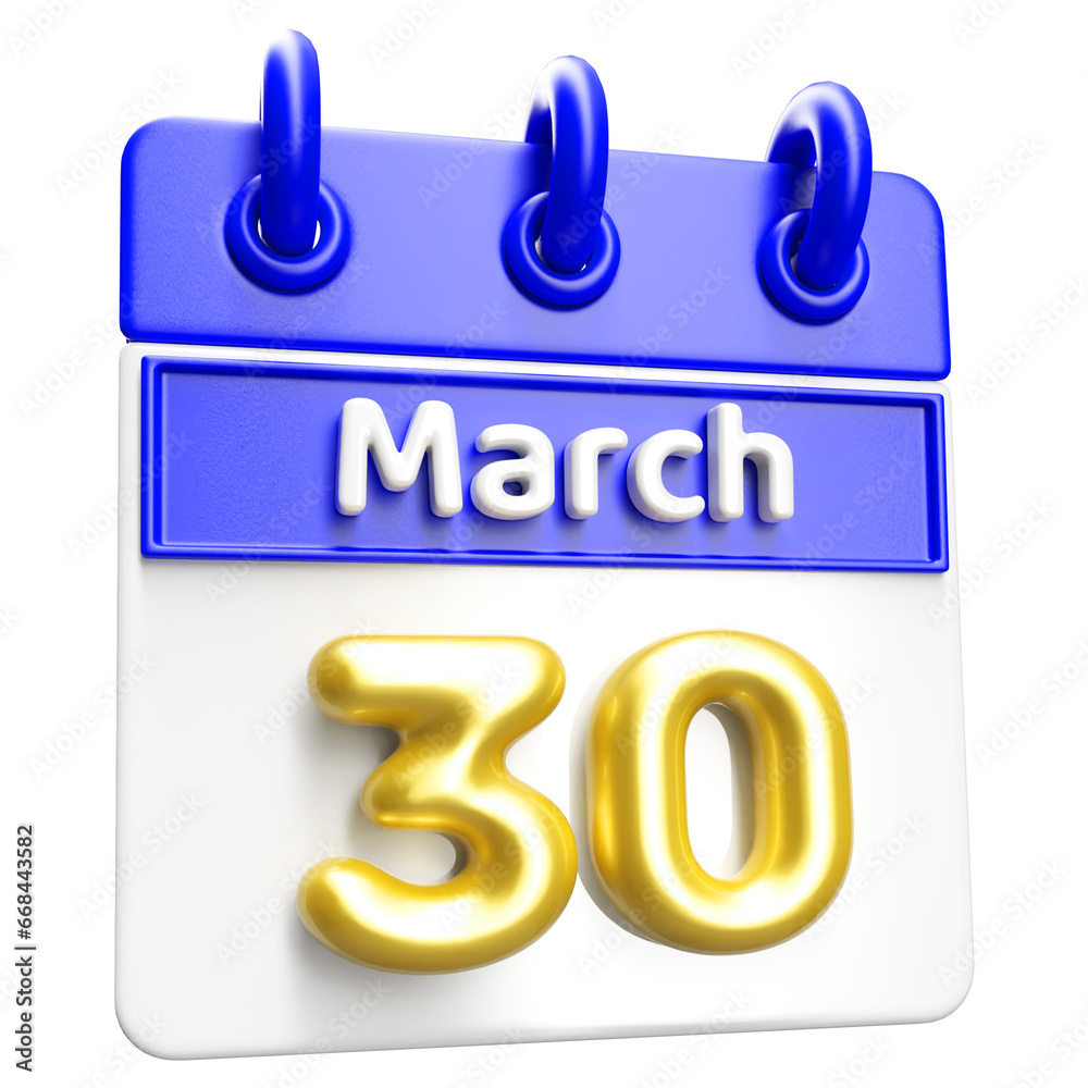 March 30th Calendar 3D Render Blue March 30th Calendar 3D Render Blue