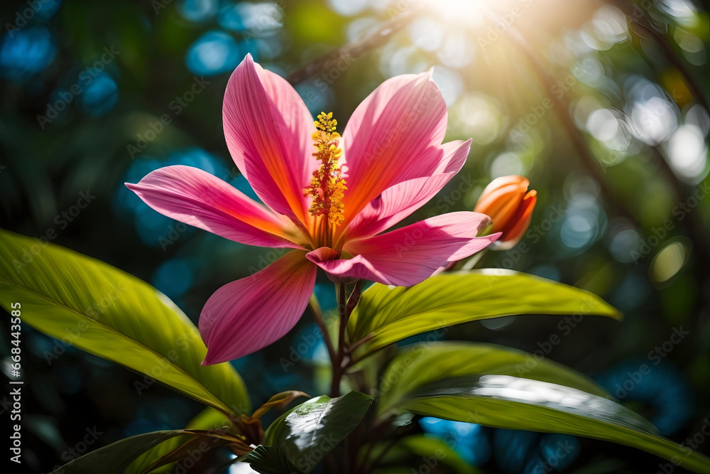 Fototapeta premium Lush Tropical Flowers in Jungle with Ethereal Bokeh Light