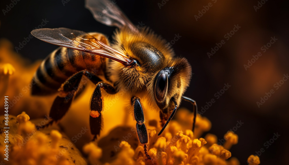 Busy honey bee collecting pollen from yellow flower in nature generated by AI Busy honey bee collecting pollen from yellow flower in nature generated by AI