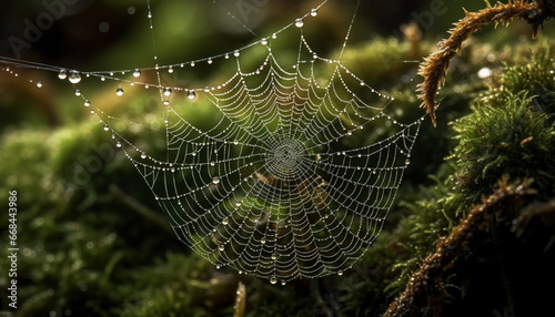 Spider spins wet web, dew drops on green leaf background generated by AI