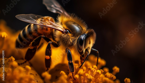 Busy honey bee collecting pollen from yellow flower in nature generated by AI © Stockgiu