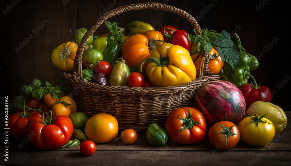 Fresh organic vegetables in wicker basket on rustic wooden table generated by AI Fresh organic vegetables in wicker basket on rustic wooden table generated by AI