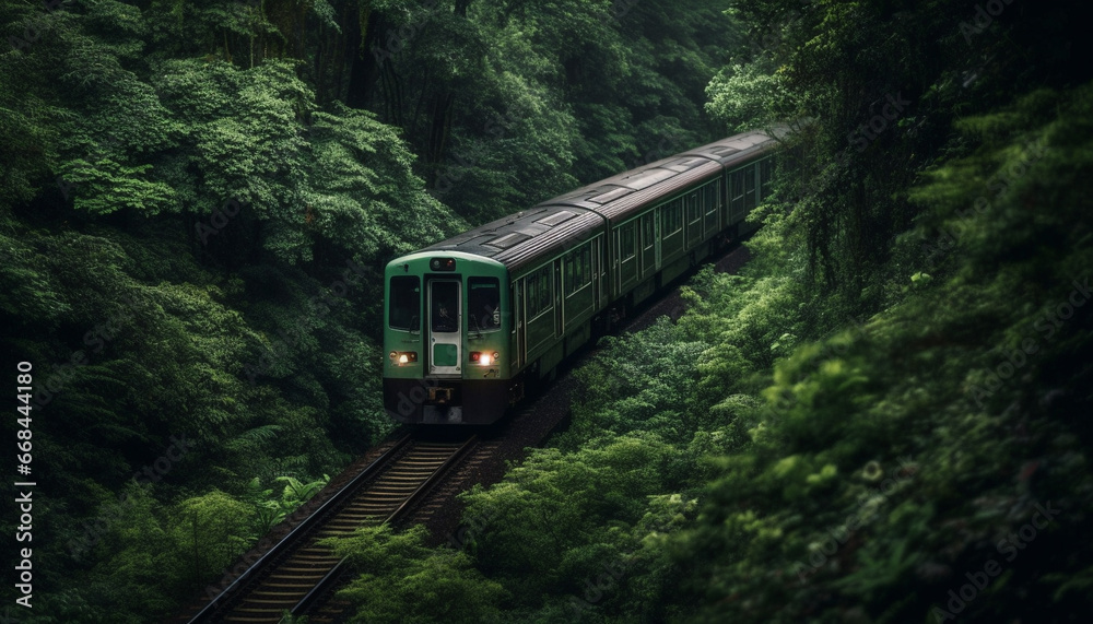 Fototapeta premium Green locomotive speeds through forest on railroad track, vanishing point generated by AI