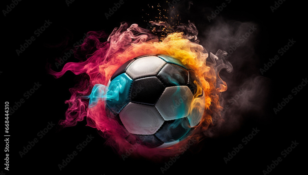 Soccer ball igniting flame, glowing sphere, championship success symbol generated by AI