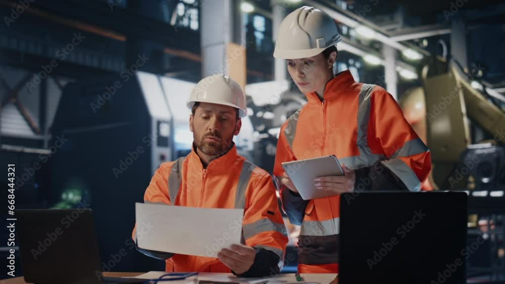 Two busy engineers working in industrial workshop. Woman technician looking Two busy engineers working in industrial workshop. Woman technician looking