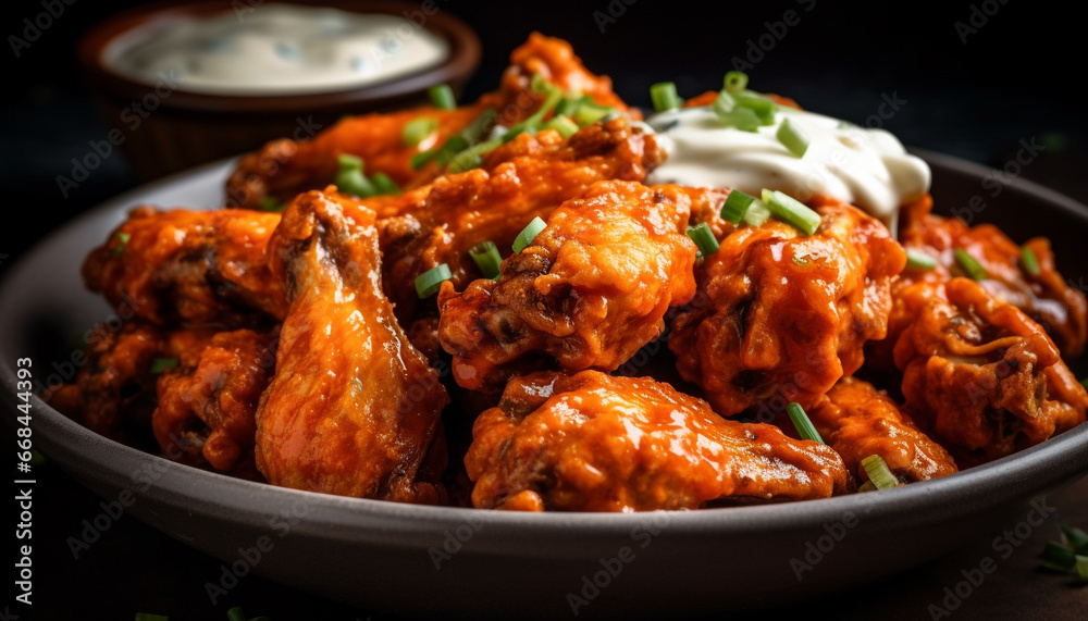 Grilled buffalo chicken wings with savory homemade sauce and vegetables generated by AI