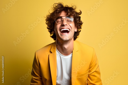 portrait of a happy  young man on a yellow background © Rax Qiu