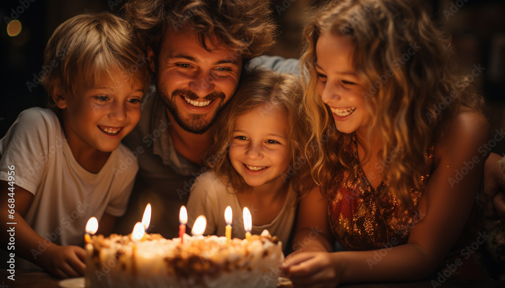 A happy family celebrating a birthday, smiling and enjoying together generated by AI A happy family celebrating a birthday, smiling and enjoying together generated by AI