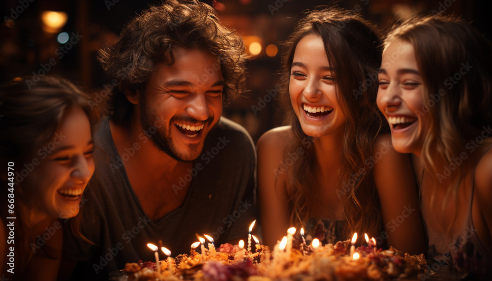 Obraz premium Young adults enjoying a fun, carefree birthday party outdoors at night generated by AI