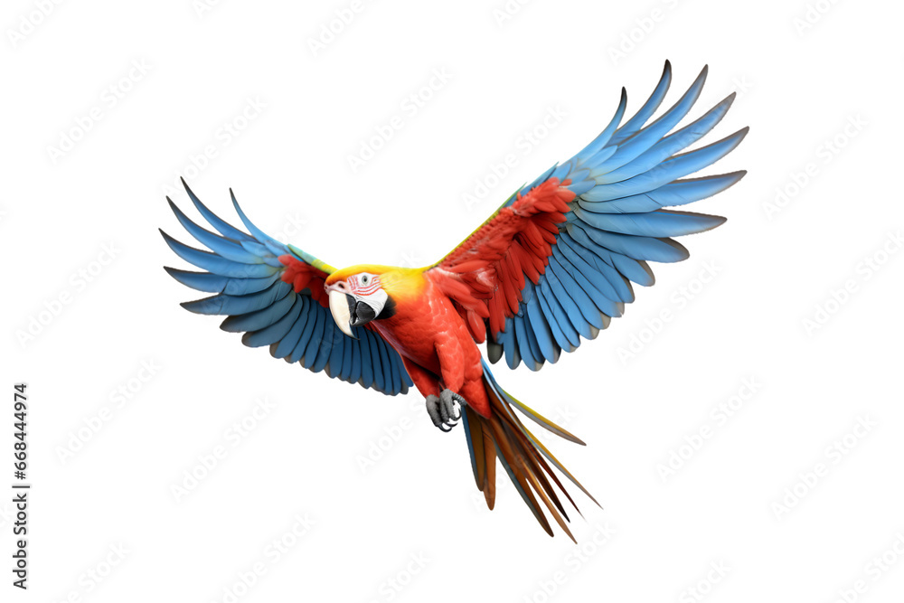 colorful scarlet macaw parrot flying beautifully isolated on a transparent background. Generative AI