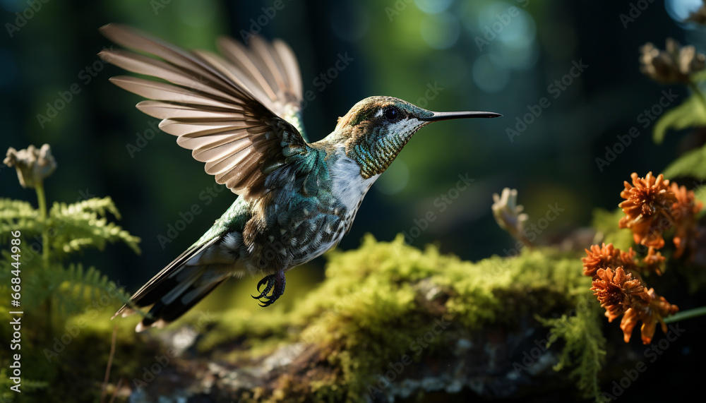 Hummingbird hovering, spreading iridescent wings, pollinating flowers in nature generated by AI