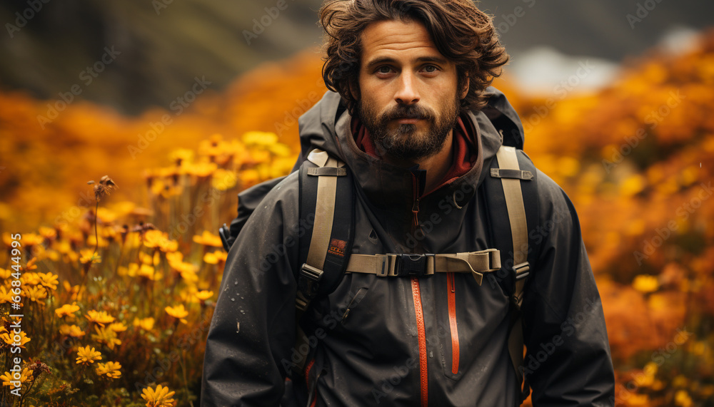 One man hiking in the autumn forest, smiling confidently generated by AI One man hiking in the autumn forest, smiling confidently generated by AI