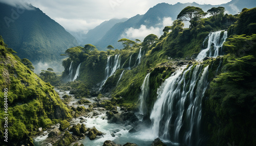 Majestic mountain range  flowing water  tranquil scene  natural beauty generated by AI